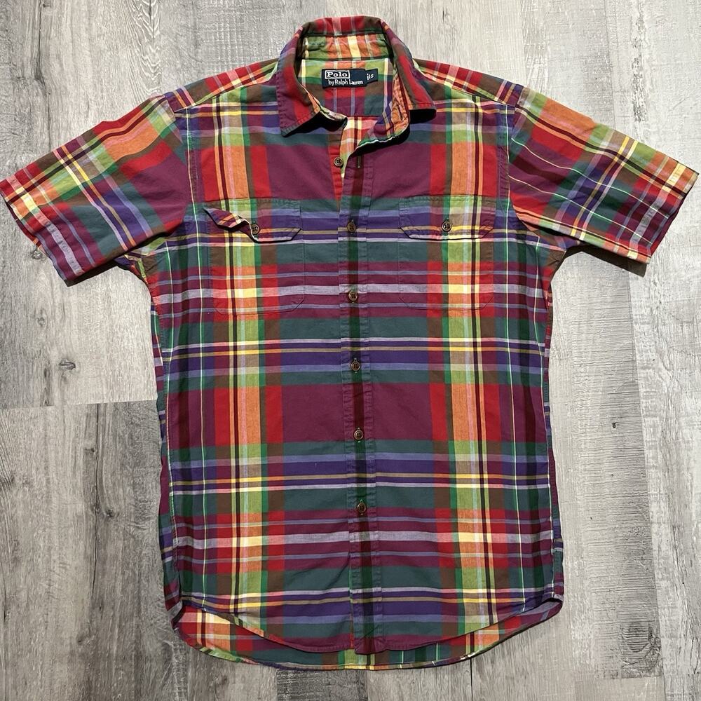 VTG Polo Ralph Lauren SS Multicolor Patchwork Plaid Preppy Button Shirt Size S